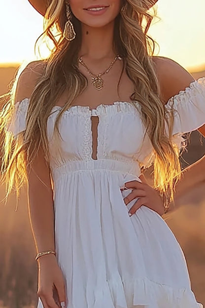 White A Line Off the Shoulder Asymmetrical Western Wedding Dress with Ruffles