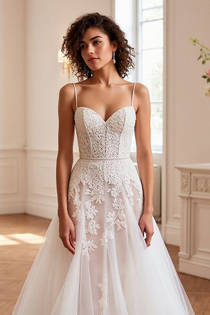 Ivory Tulle A Line Sweep Train Wedding Dress with Appliques