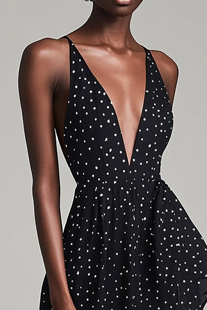 A Line Black and White Boho Maxi Chiffon Polka Dot Dress with Slit