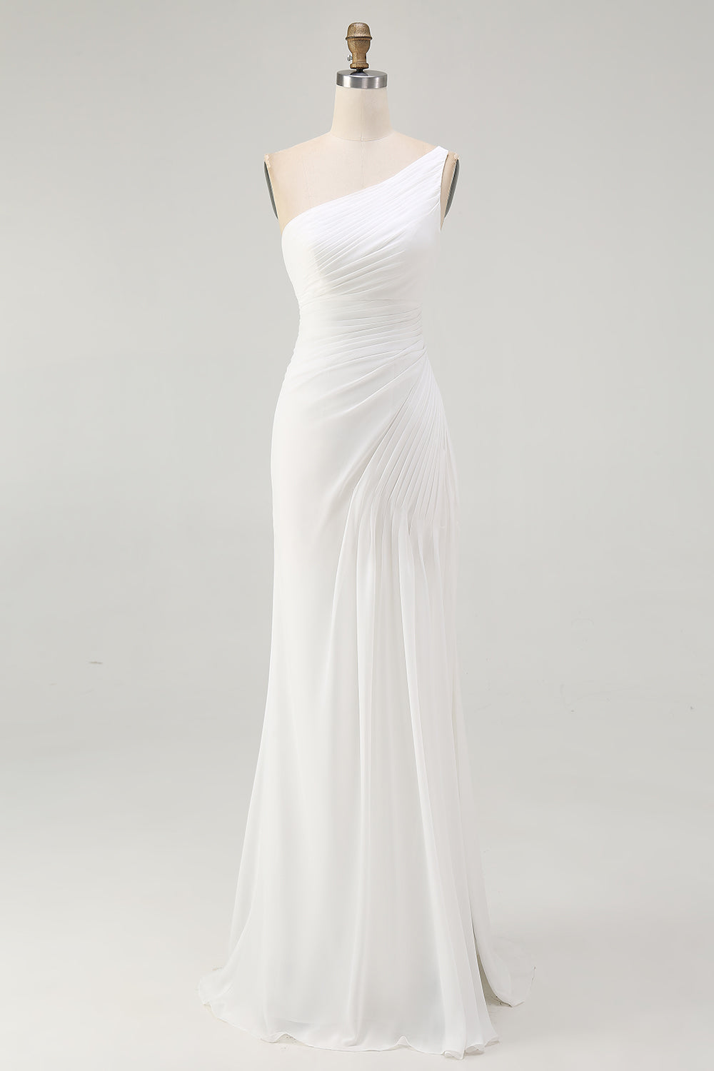 Ivory Ruched One Shoulder Maxi Chiffon Rehearsal Dinner Dress with Slit