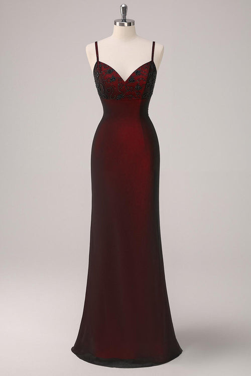 Black Red Sheath Spaghetti Straps Long Formal Dress with Beading