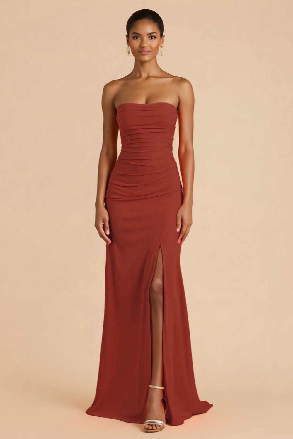 Orange Sheath Chiffon Ruched Strapless Long Bridesmaid Dress with Slit