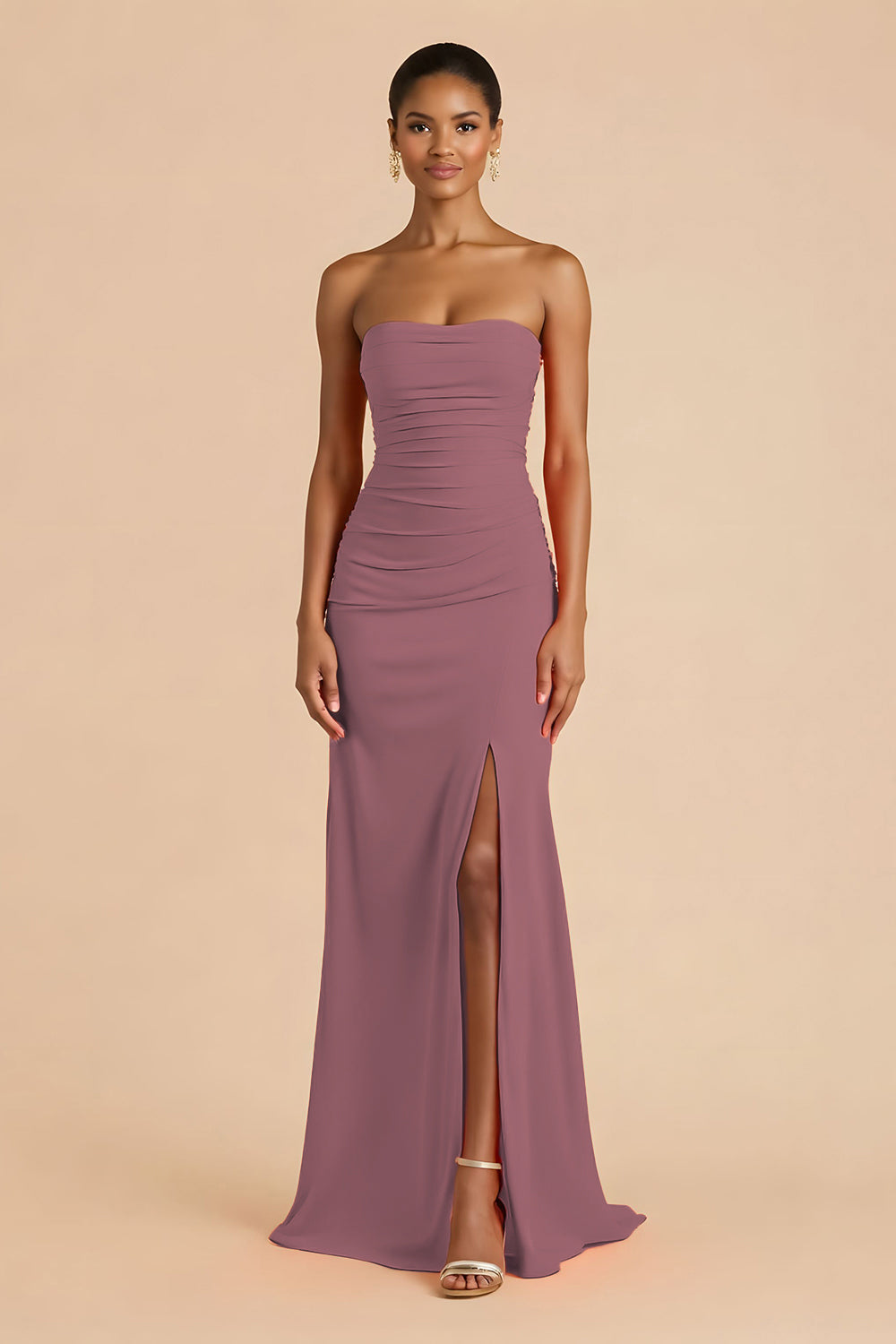 Orange Sheath Chiffon Ruched Strapless Long Bridesmaid Dress with Slit