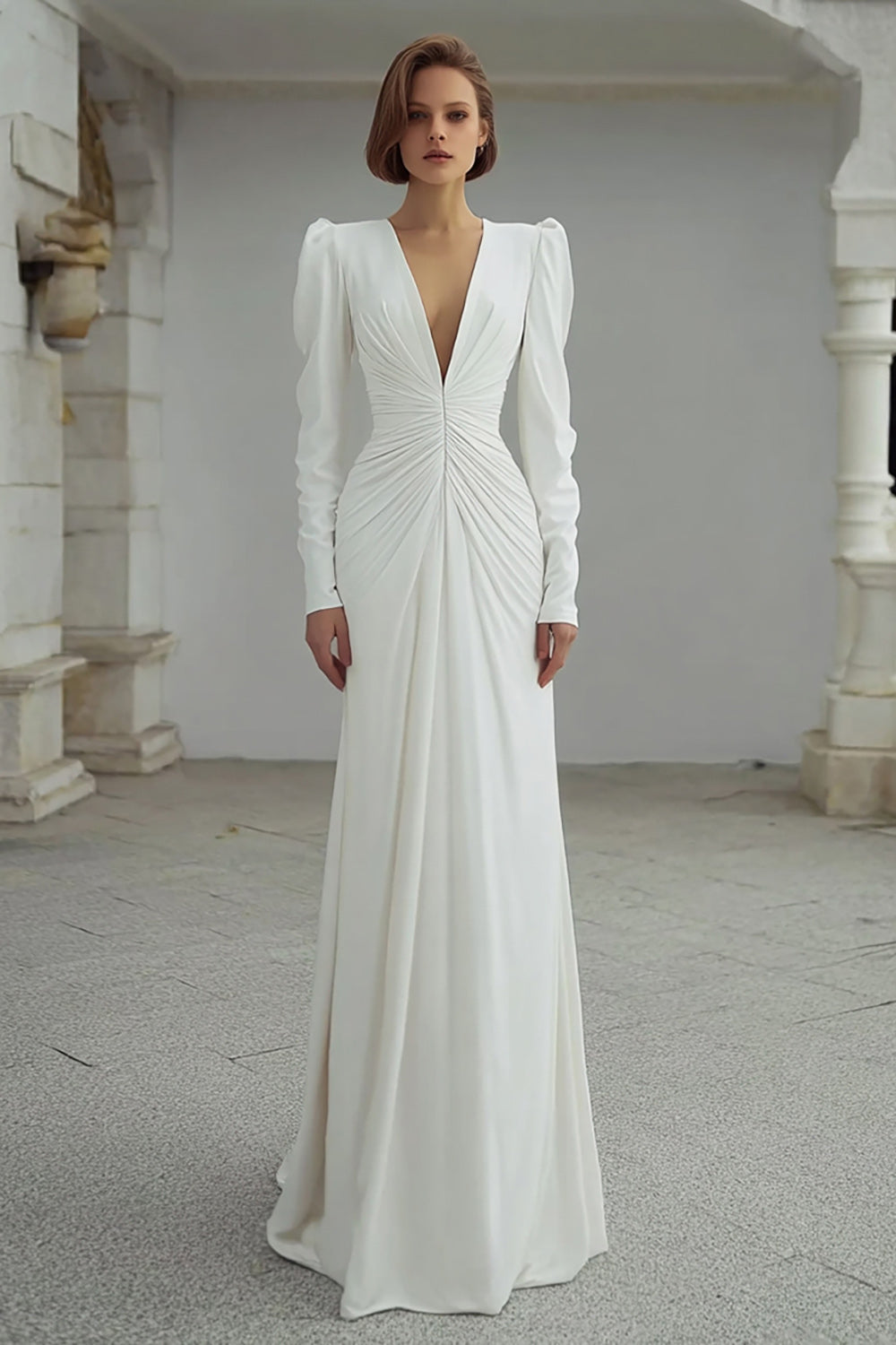 Ivory Sheath V-Neck Long Sleeves Sweep Train Wedding Dress