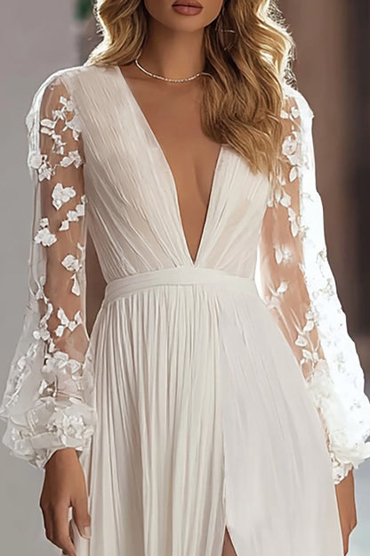Ivory A Line V-Neck Sweep Train Pleated Wedding Dress with Slit