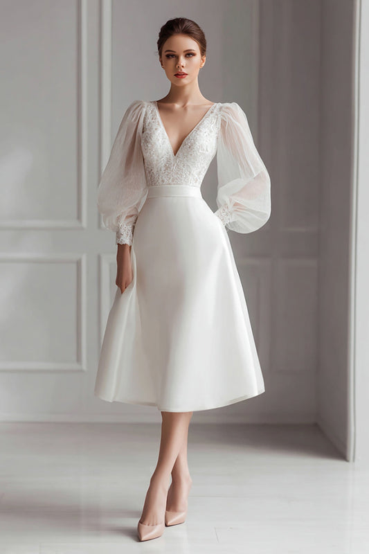 Ivory V-Neck A Line Short Wedding Dress with Lace