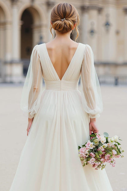 White Tulle A Line V-Neck Floor-Length Wedding Dress with Sleeves