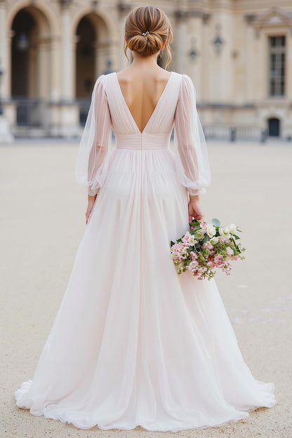 White Tulle A Line V-Neck Floor-Length Wedding Dress with Sleeves