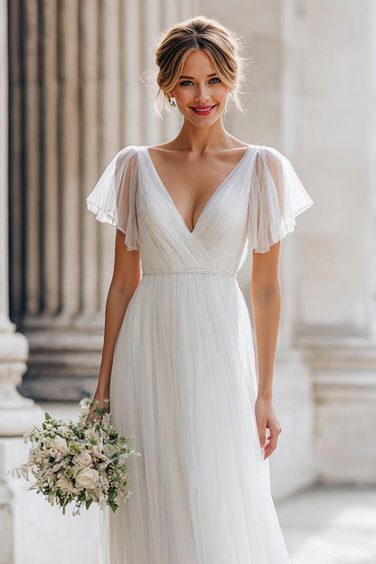 Ivory V-Neck Tulle A Line Floor-Length Wedding Dress with Sleeves