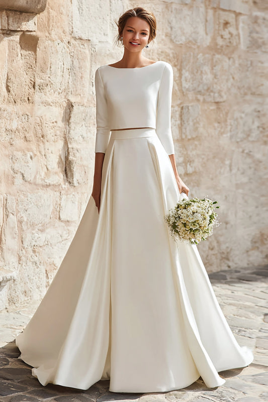 Ivory Satin 2 Piece A-Line Boat Neck Long Wedding Dress with Sleeves