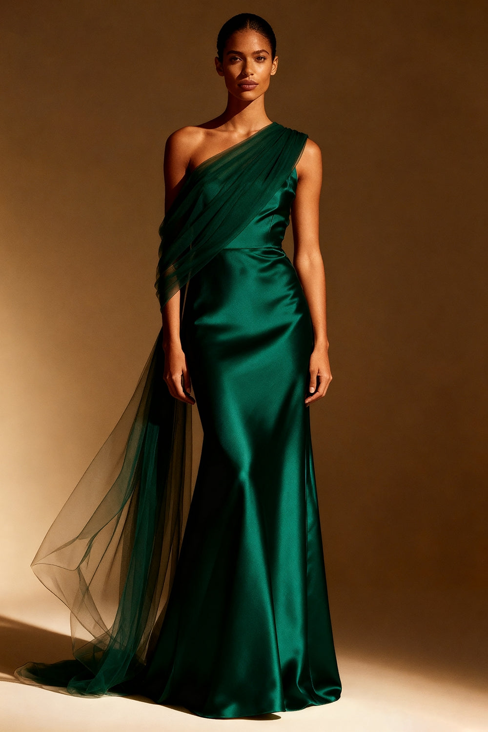 White Mermaid Satin One Shoulder Long Formal Dress with Side Cape