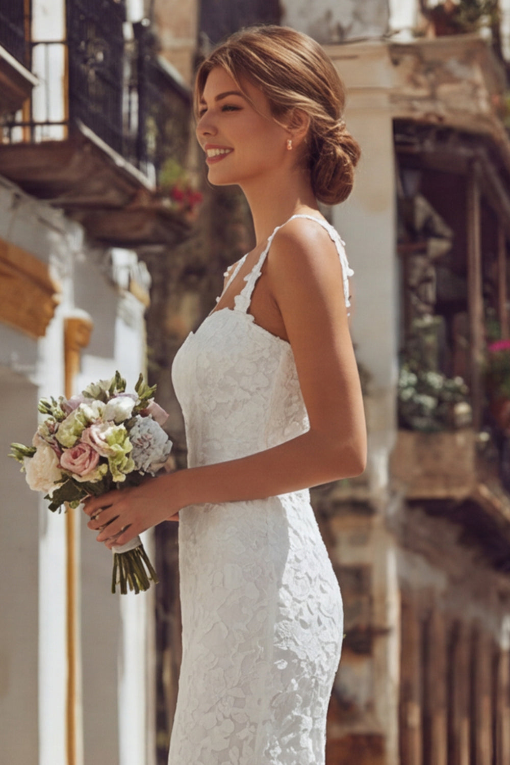 Ivory Lace Bodycon Thick Straps Midi Engagement Dress