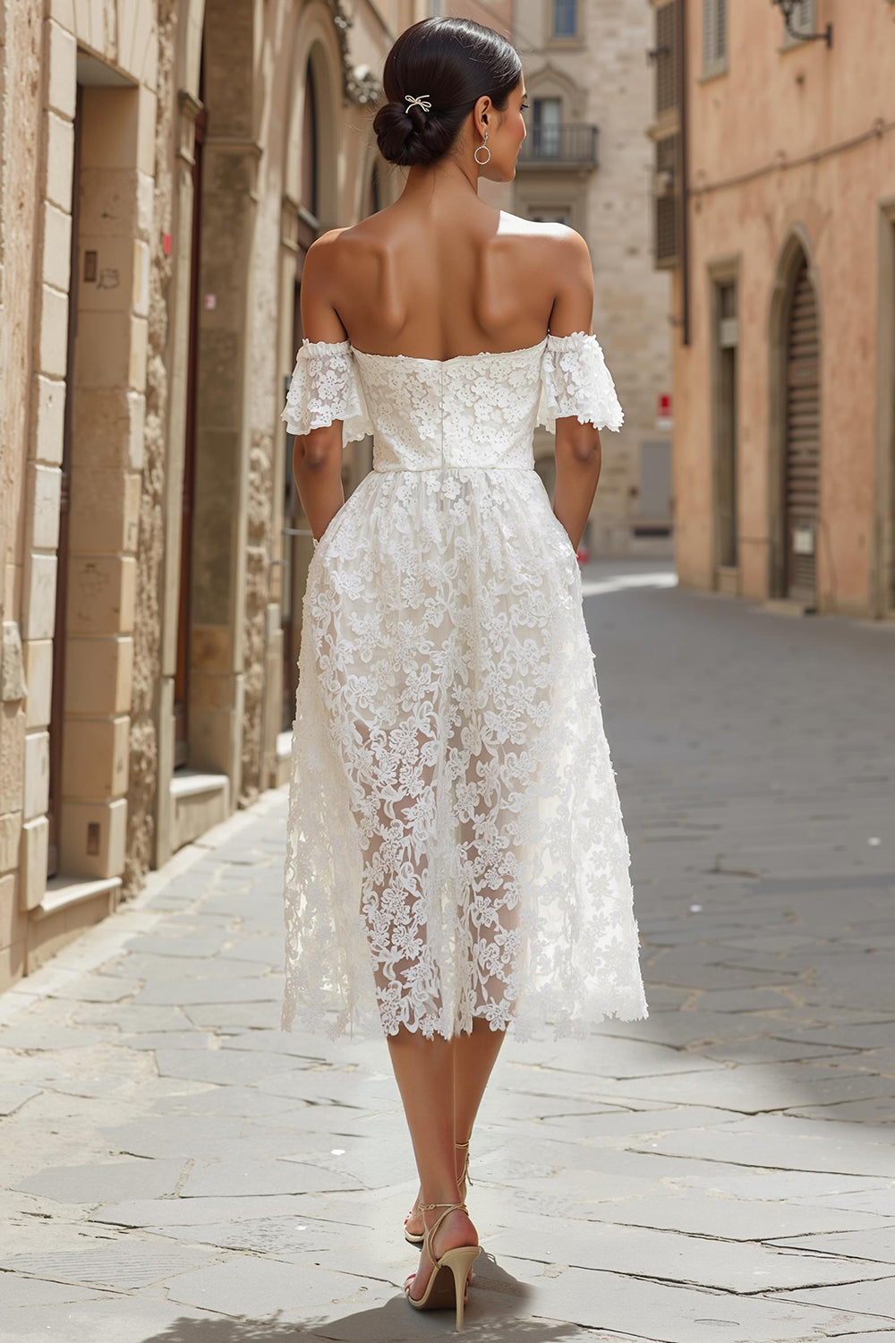 White Lace Off the Shoulder Midi Engagement Dress with Pockets