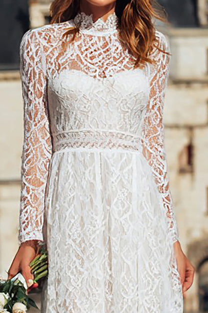 Ivory Sheath High Neck Long Boho Wedding Dress with Sleeves