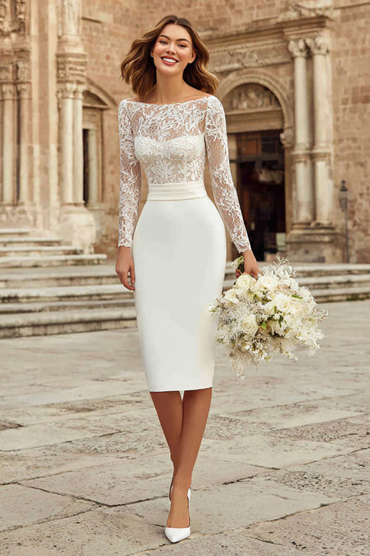 Ivory Bateau Neck Bodycon Lace Midi Wedding Dress with Sleeves