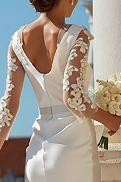 Ivory Bodycon Appliqued Midi Wedding Dress with Sleeves
