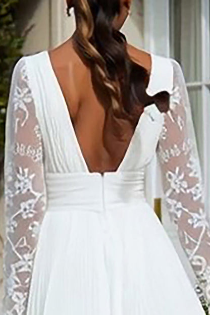 Ivory Pleated V-Neck Midi Engagement Dress with Lace