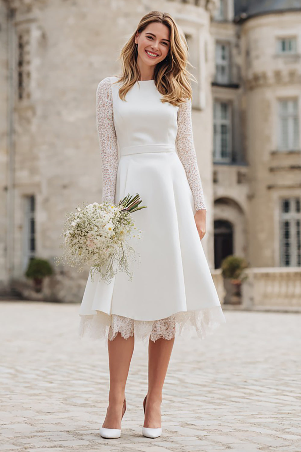 Ivory A Line Backless Midi Engagement Dress with Lace