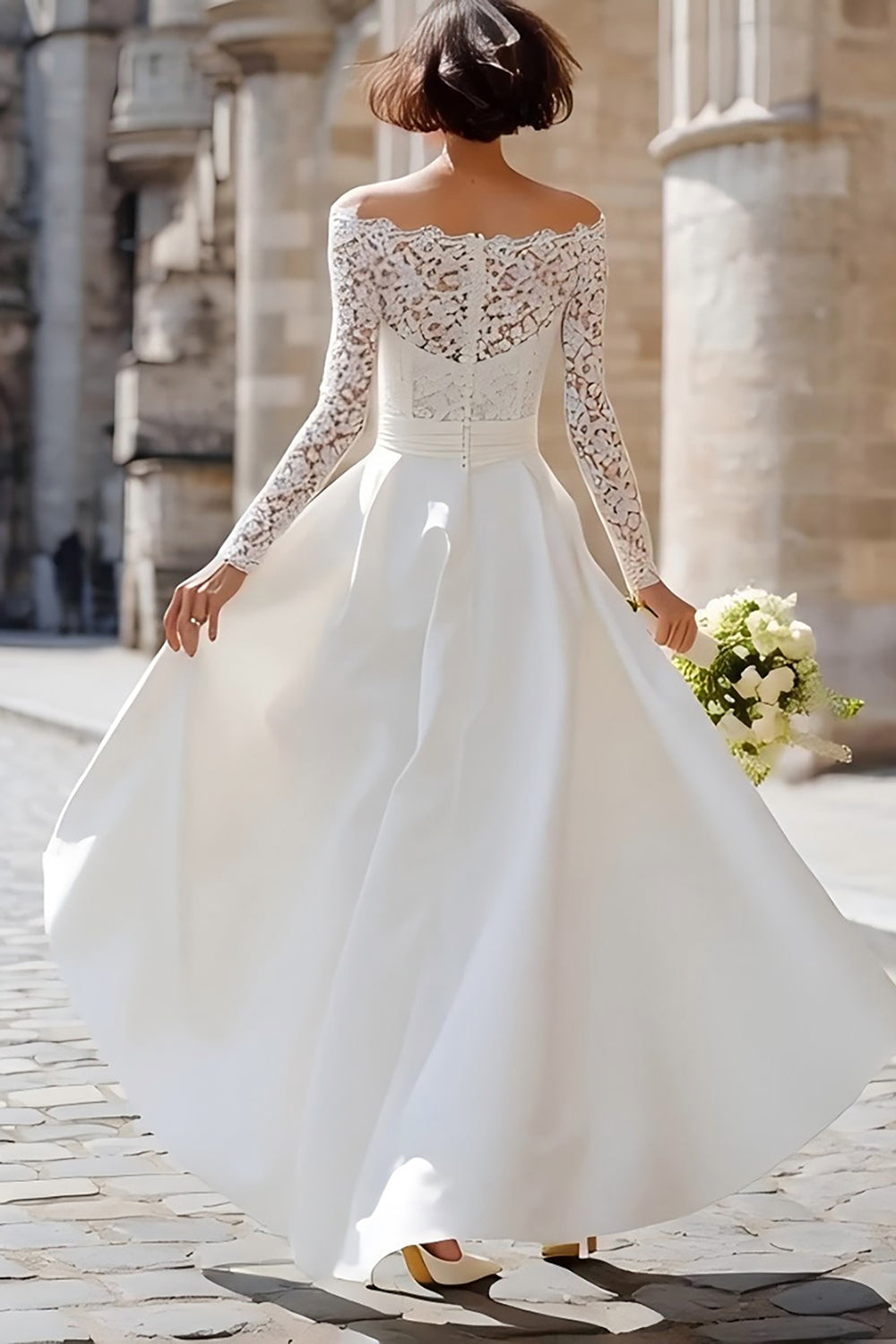 Ivory Off the Shoulder High Low Boho Wedding Dress with Lace