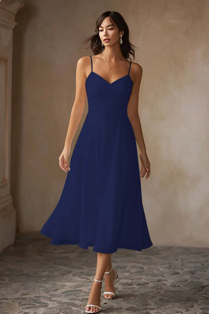White Chiffon A Line Spaghetti Straps Midi Engagement Dress