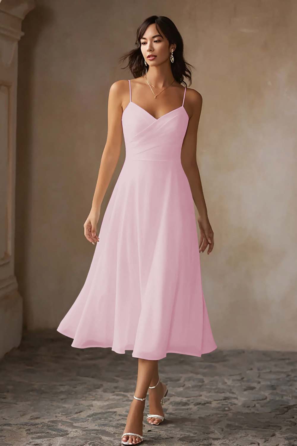 White Chiffon A Line Spaghetti Straps Midi Engagement Dress