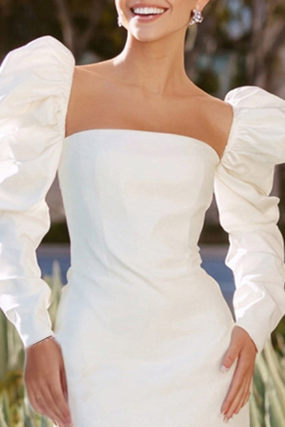 White Bodycon Satin Square Neck Short Bachelorette Dress with Sleeves
