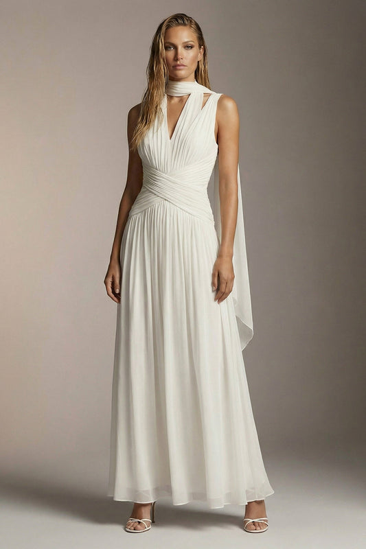 Ivory Chiffon Thick Straps A Line Pleated Long Formal Dress