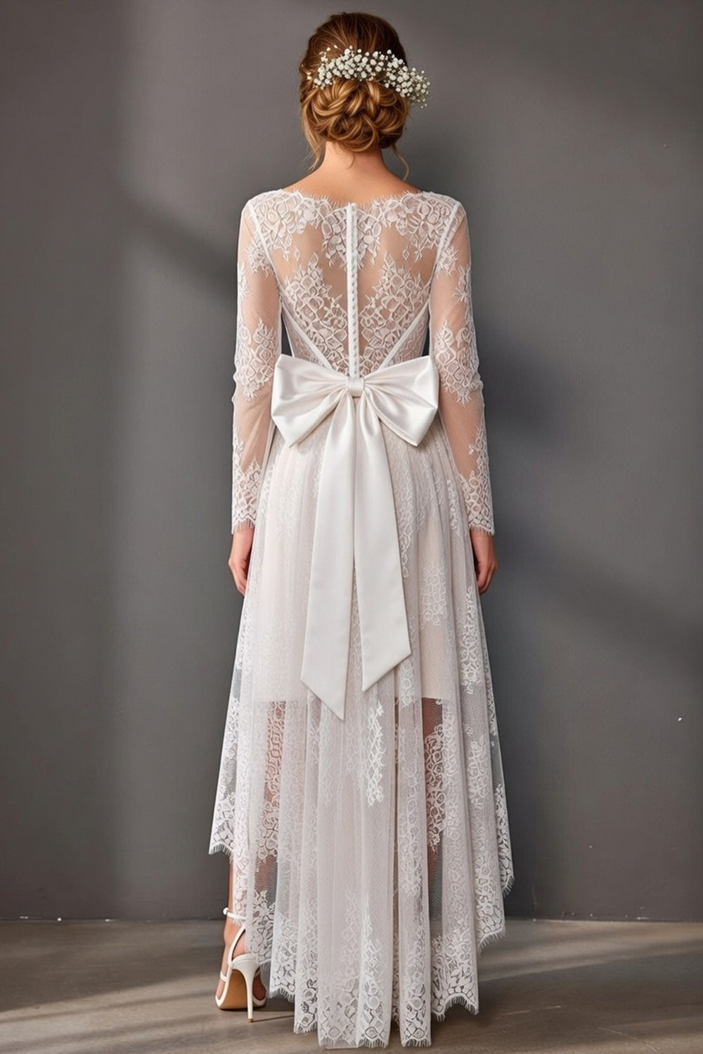 White High-Low Boat Neck Long Sleeves Corset A Line Boho Wedding Dress