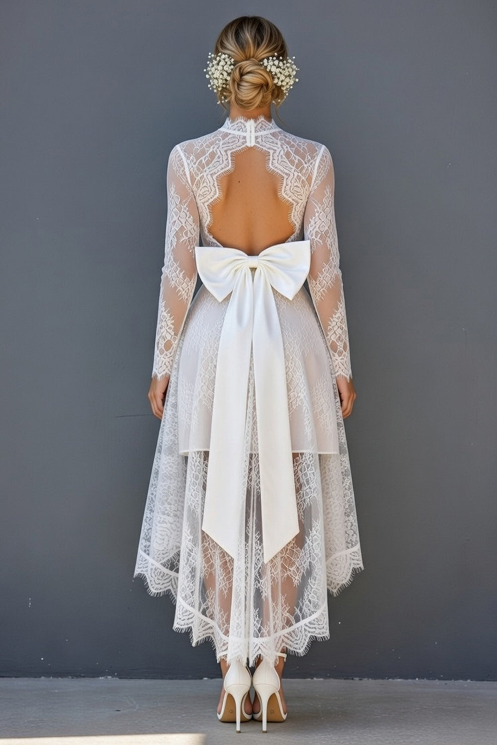 White Lace Corset High-Low Long Sleeves Open Back Boho Wedding Dress with Bow