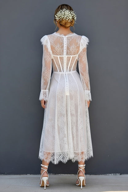 White Maxi A Line Ruffled Sleeves Corset Round Neck Boho Wedding Dress