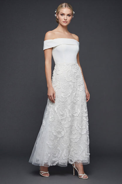 White Floral A Line Maxi Off the Shoulder Boho Wedding Dress with Appliques