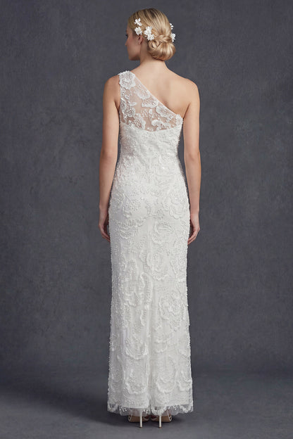 Sparkly White Floral Mermiad Maxi One Shoulder Beaded Boho Wedding Dress with Appliques