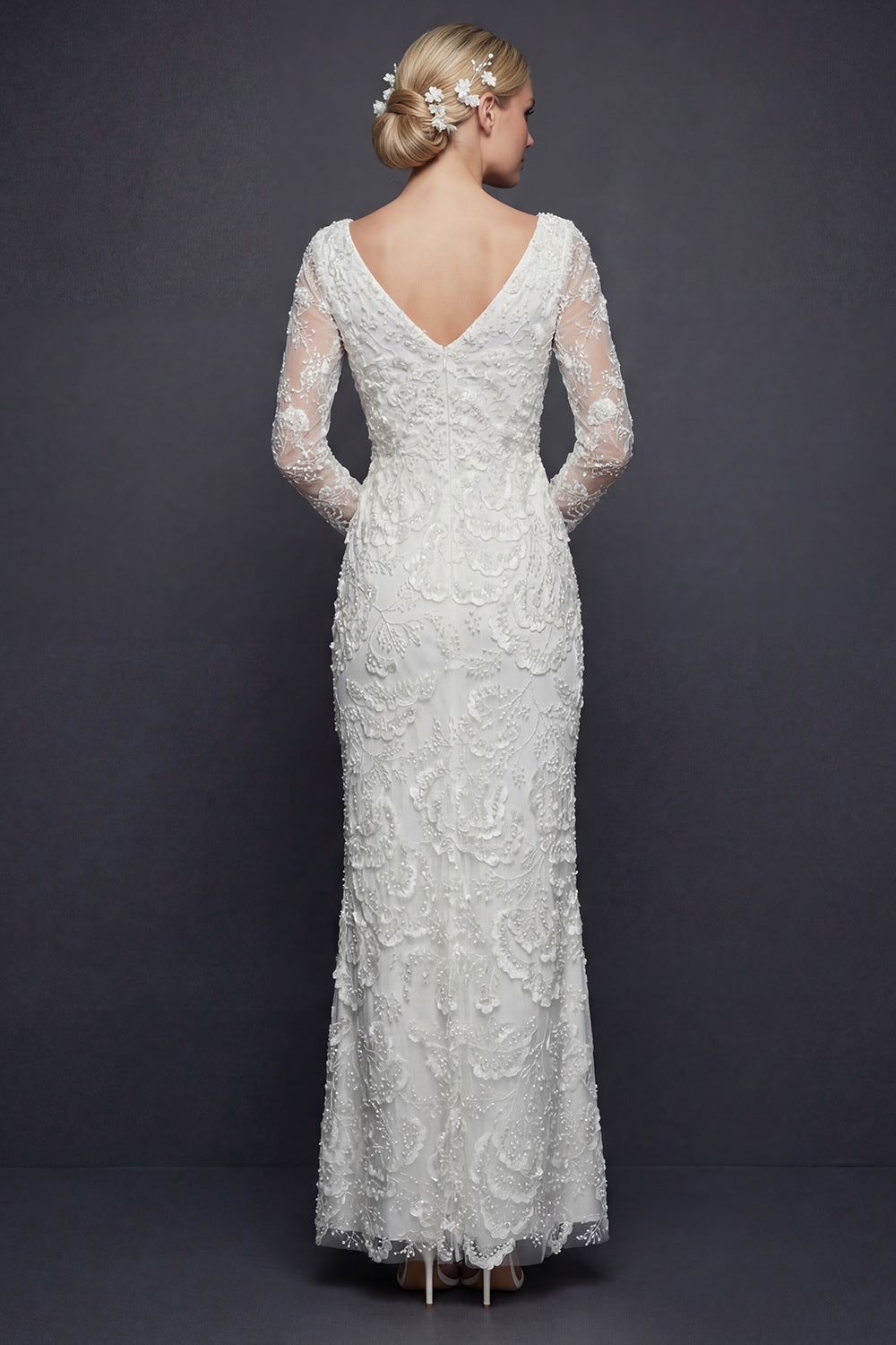 Sparkly White V-Neck Beaded Appliqued Maxi Mermaid Floral Boho Wedding Dress