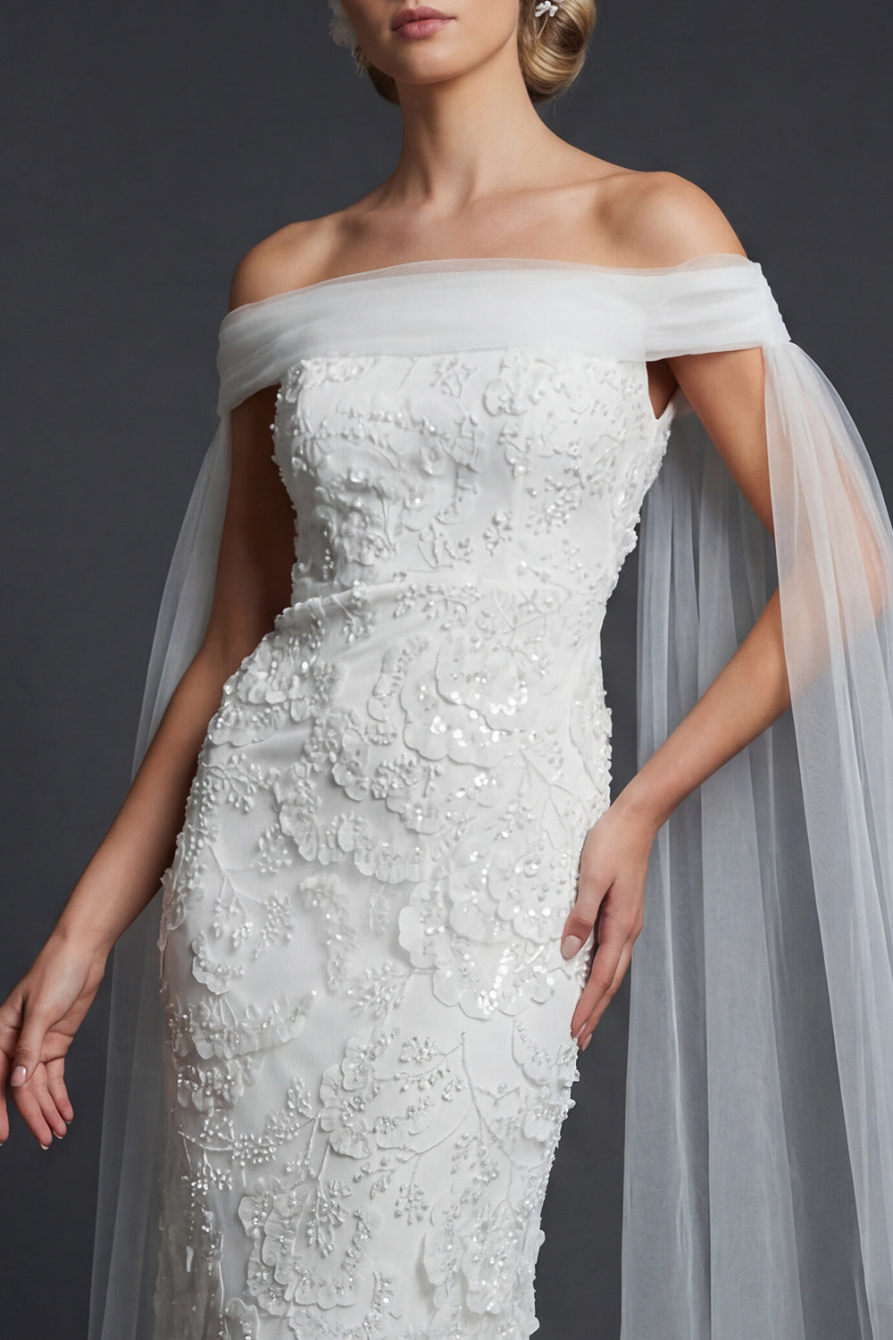 Sparkly White Off the Shoulder Beaded Maxi Mermaid Floral Boho Wedding Dress