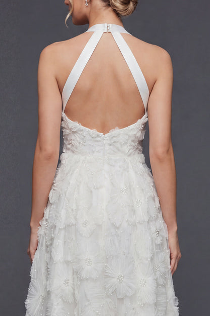 White A Line Halter Maxi Floral Boho Wedding Dress