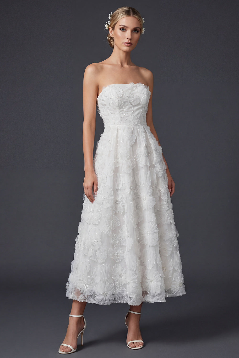 White A Line Strapless Maxi Floral Boho Wedding Dress
