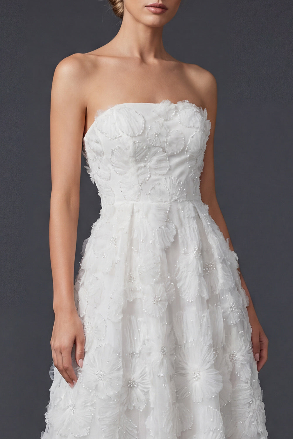 White A Line Strapless Maxi Floral Boho Wedding Dress