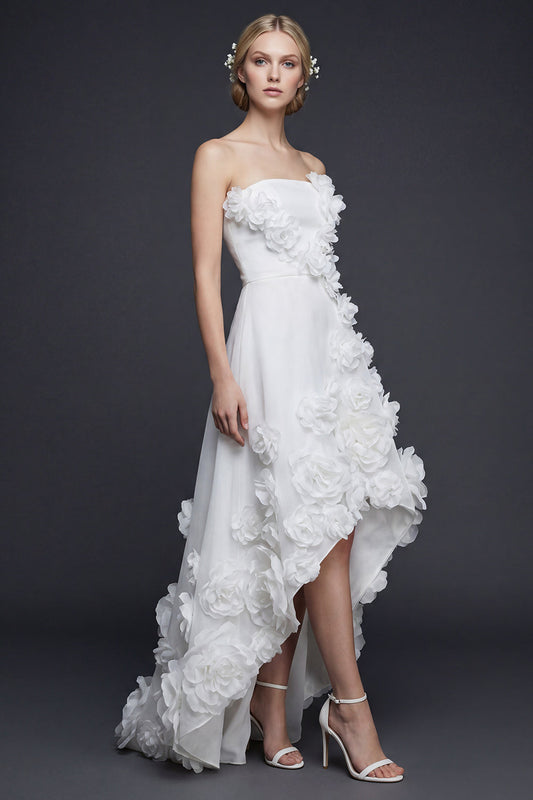 White Strapless A Line High-Low Boho Wedding Dress with 3D Flowers