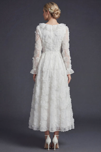 Sparkly White Ruffled Beaded Floral Maxi Appliqued Boho Wedding Dress