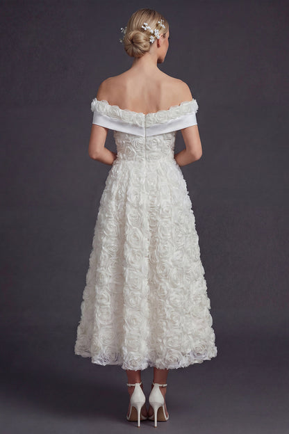 White A Line Off the Shoulder Maxi Boho Wedding Dress with 3D Flowers