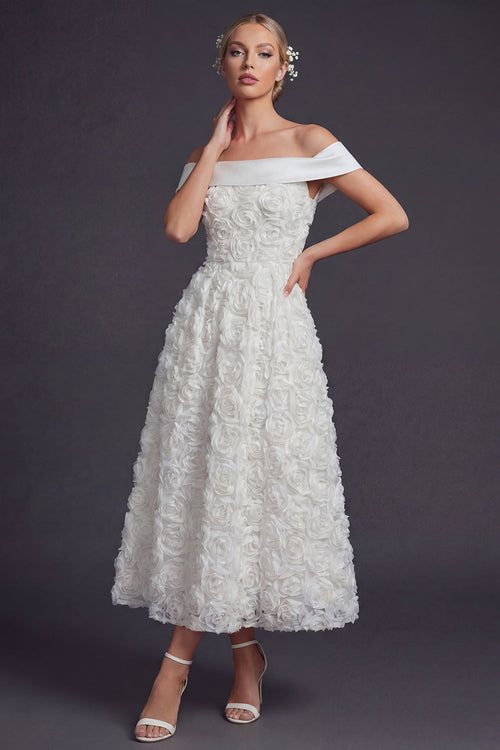 White Off the Shouler Maxi A Line Boho Wedding Dress with 3D Flowers