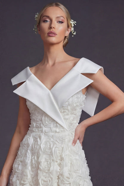 White V-Neck Maxi A Line Boho Wedding Dress with 3D Flowers