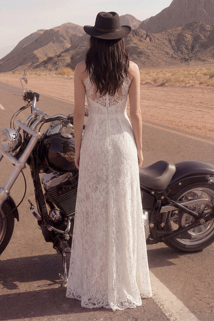 Sheath Floral Ivory Lace Maxi Boho Wedding Dress with Slit