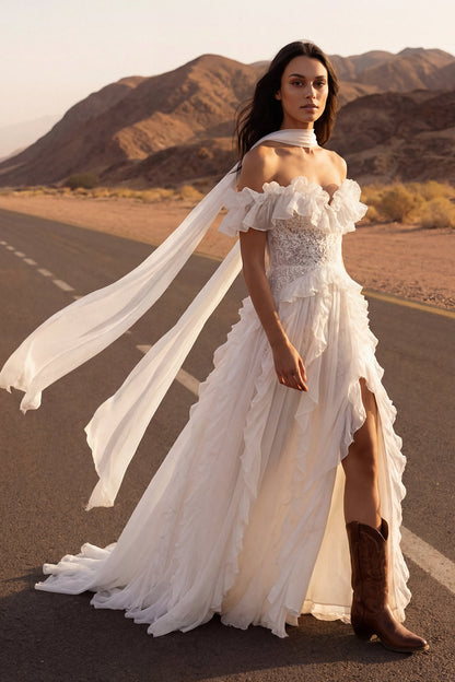 Floral A Line Maxi Ivory Beach Wedding Dress with Ruffles