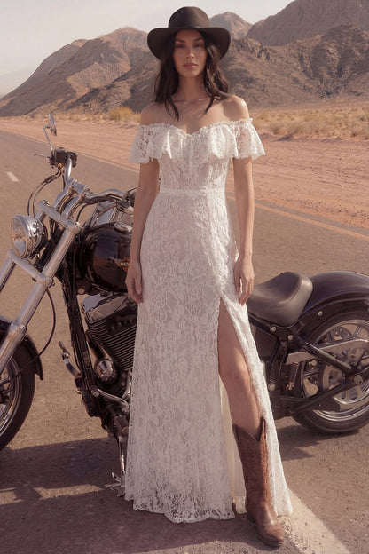 Floral Ivory Maxi Sheath Boho Wedding Dress with Slit