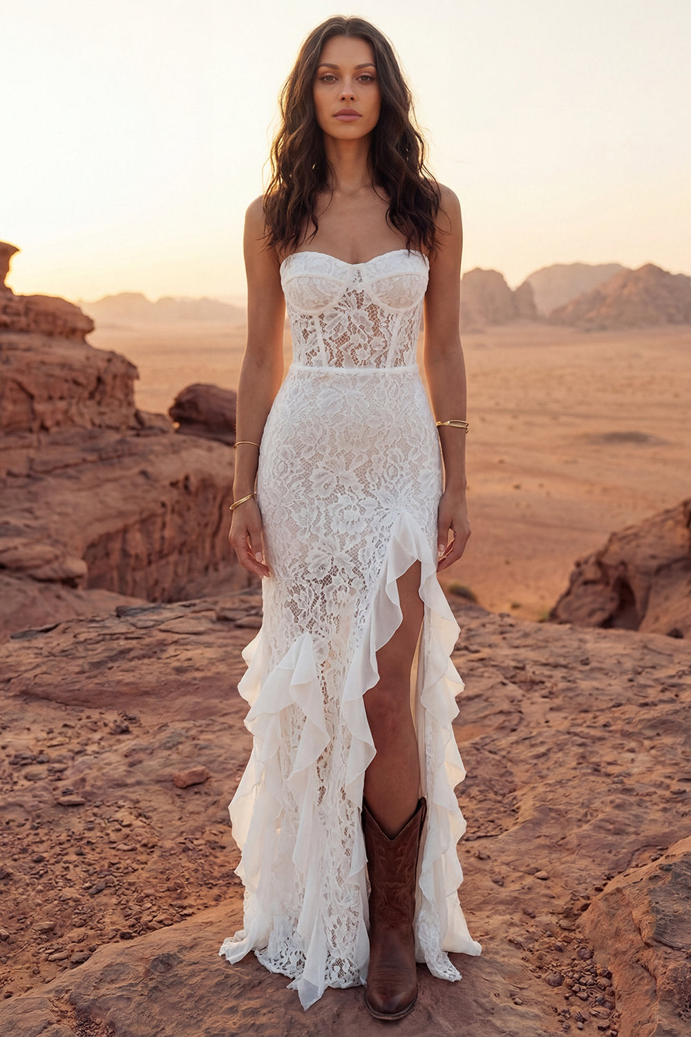 Floral Ivory Strapless Sheath Maxi Boho Wedding Dress with Ruffles