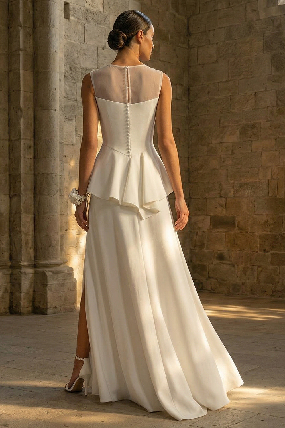 A Line Maxi White Boho Wedding Dress with Ruffles