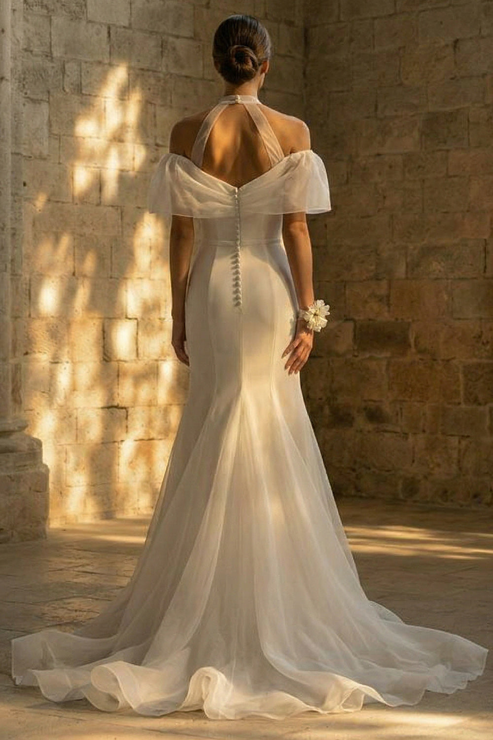 Mermaid Sweep Train White Boho Wedding Dress