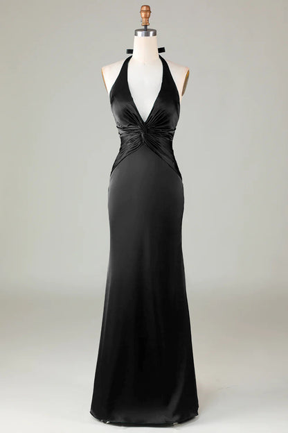 Mermaid Halter Dusty Blue Long Satin Bridesmaid Dress