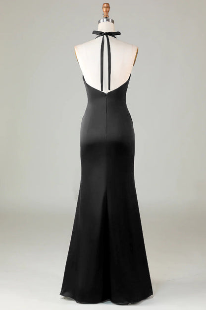 Taupe Sheath Halter Satin Long Bridesmaid Dress